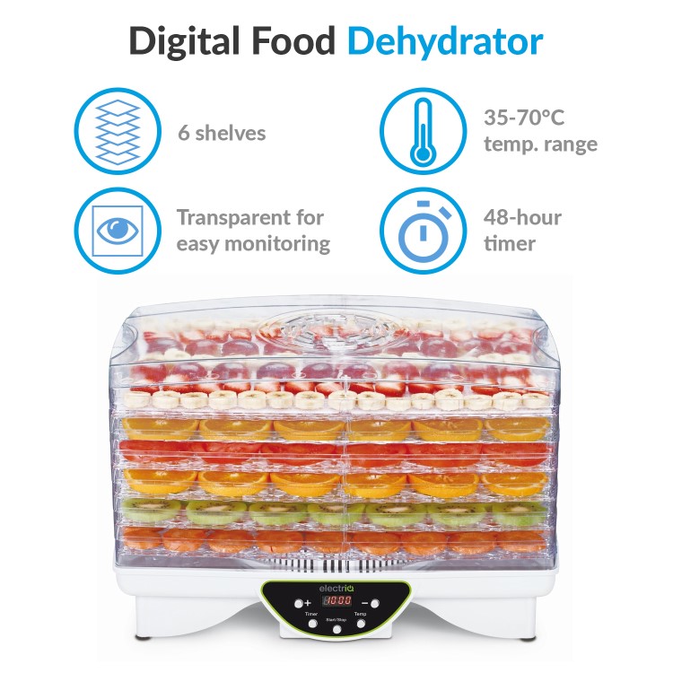 electriQ BPA Free Maxi Digital Food Dehydrator with 6 Collapsible Shelves