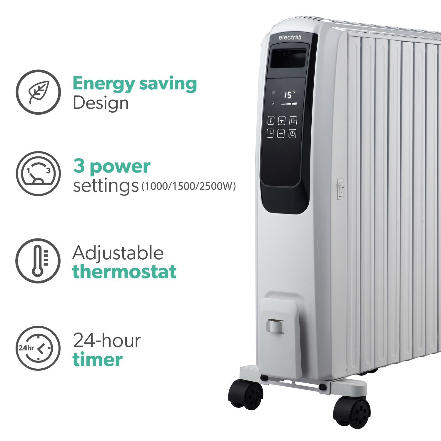 electriQ 2500W Smart Oil Filled Radiator with Thermostat and Weekly ...
