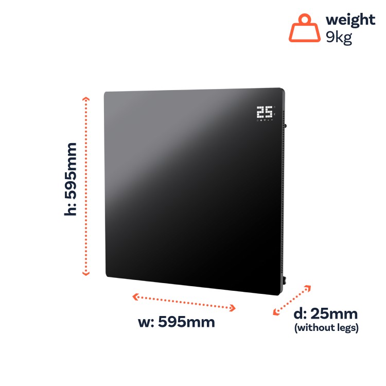 Low Energy 350W Smart Infrared Designer Glass Panel Heater - IP44 Bathroom Safe Wall Mountable or Free Standing 600x600mm - Black