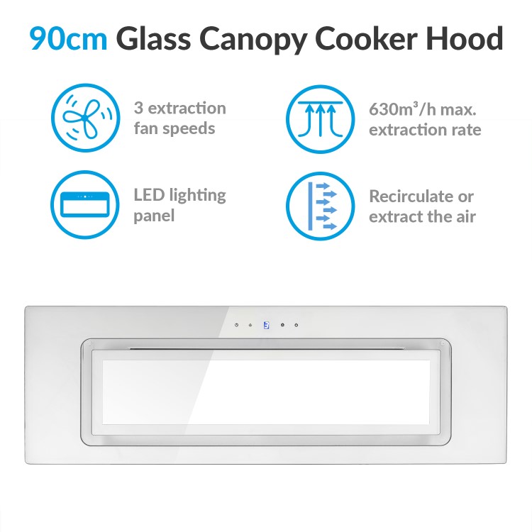electriQ 90cm Glass Canopy Cooker Hood - White
