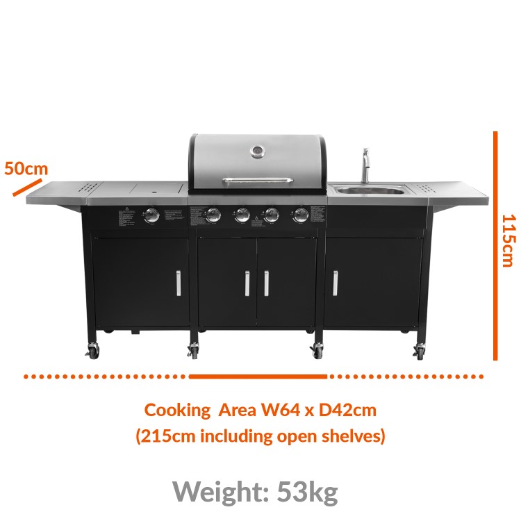 The Texas Outdoor Elite 4 Burner Gas BBQ Kitchen in Black