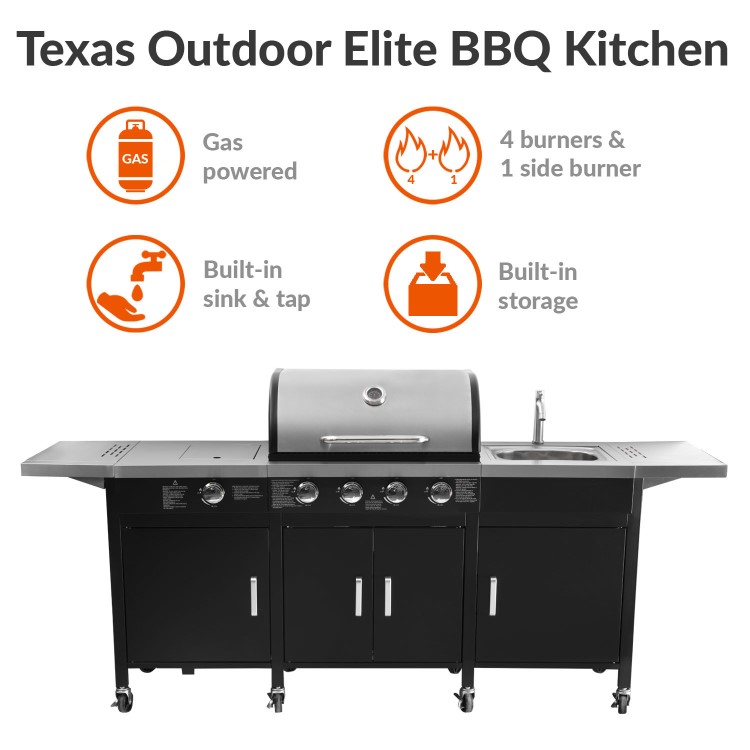 The Texas Outdoor Elite 4 Burner Gas BBQ Kitchen in Black