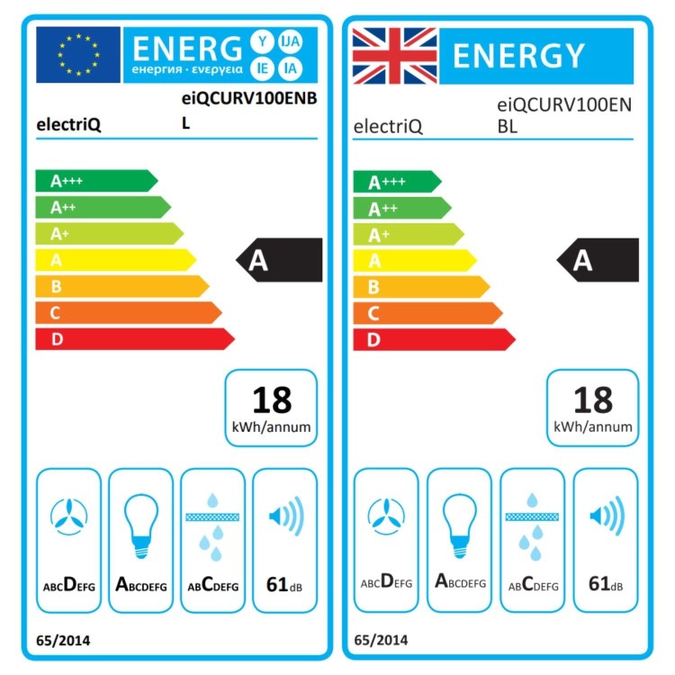 electriQ 100cm Curved Glass Chimney Cooker Hood - Black