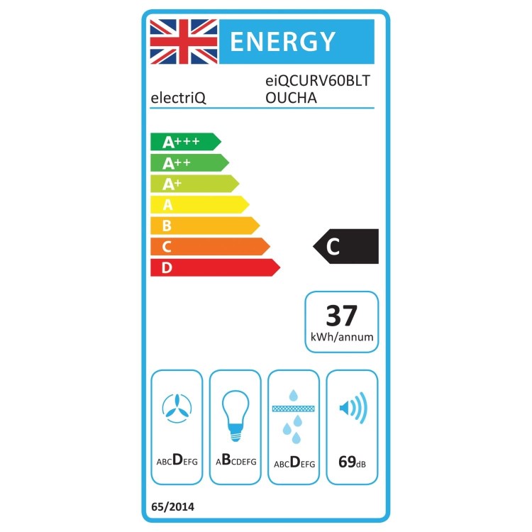 Refurbished electriQ EIQCURV60BLTOUCHA 60cm Touch Control Curved Glass Cooker Hood Black