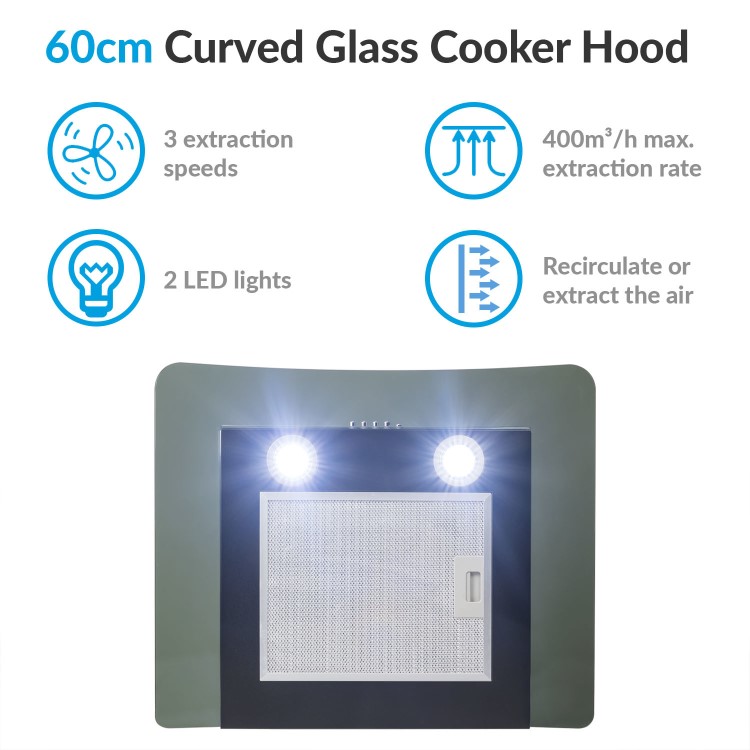 GRADE A2 - electriQ 60cm Satin Black Curved Glass Push Button Control Chimney Cooker Hood 