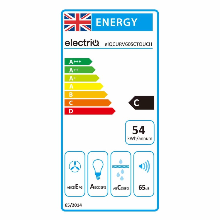 electriQ 60cm Curved Glass Touch Control Chimney Cooker Hood - Stainless Steel