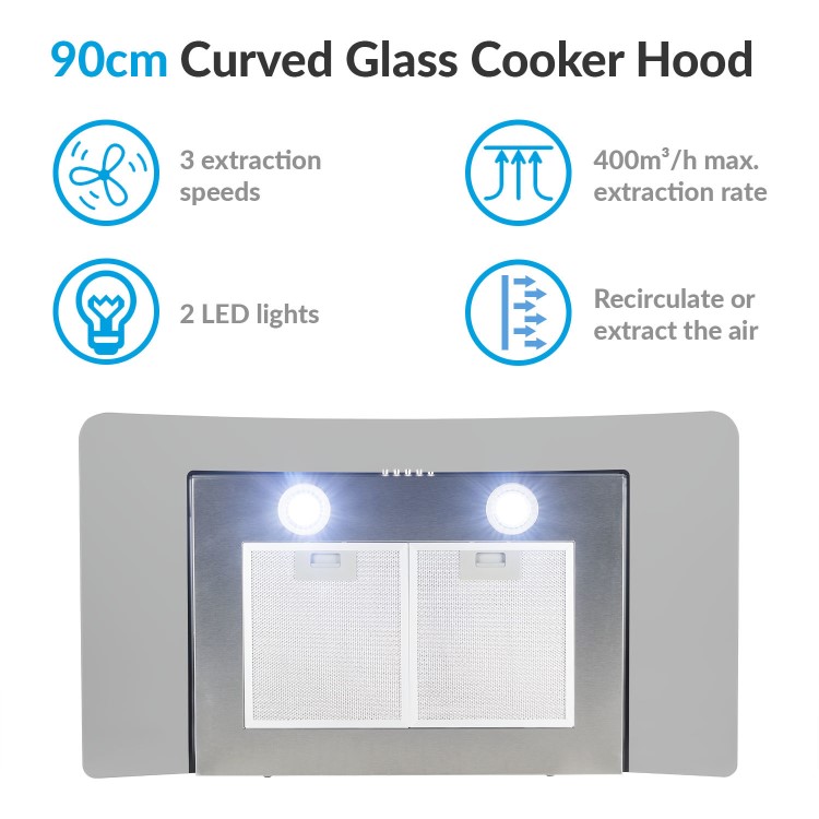 electriQ 90cm Curved Glass Chimney Cooker Hood - Black and Stainless Steel