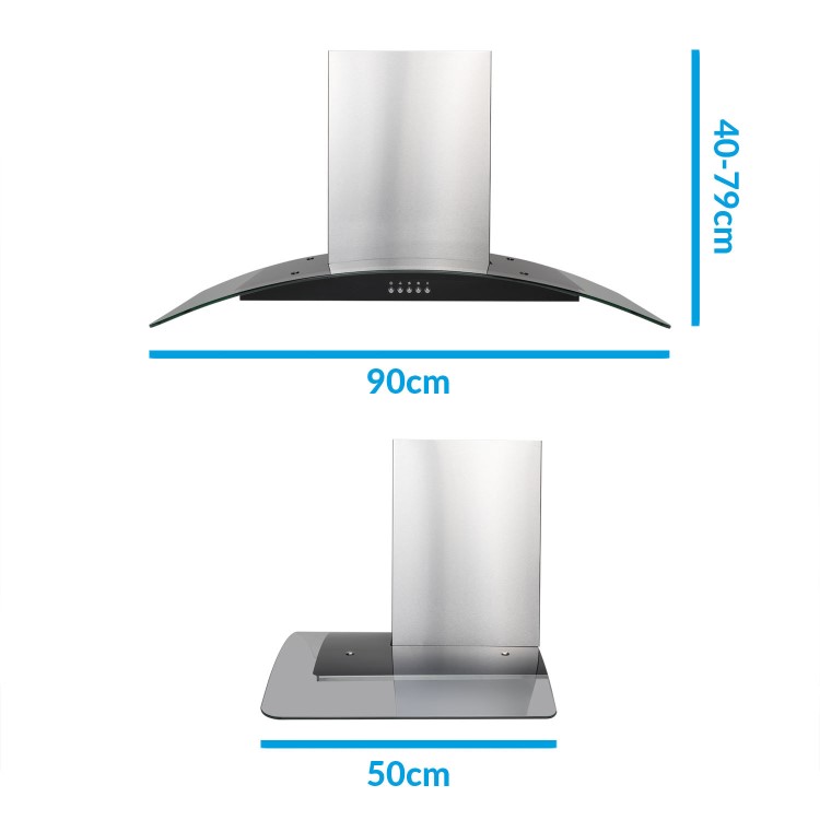 electriQ 90cm Curved Glass Chimney Cooker Hood - Black and Stainless Steel