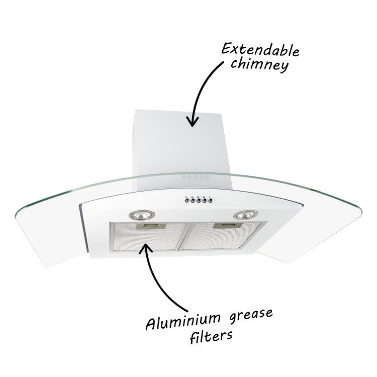electriQ 90cm White Curved Glass Push Button Control Chimney Cooker Hood  - 5 Years warranty