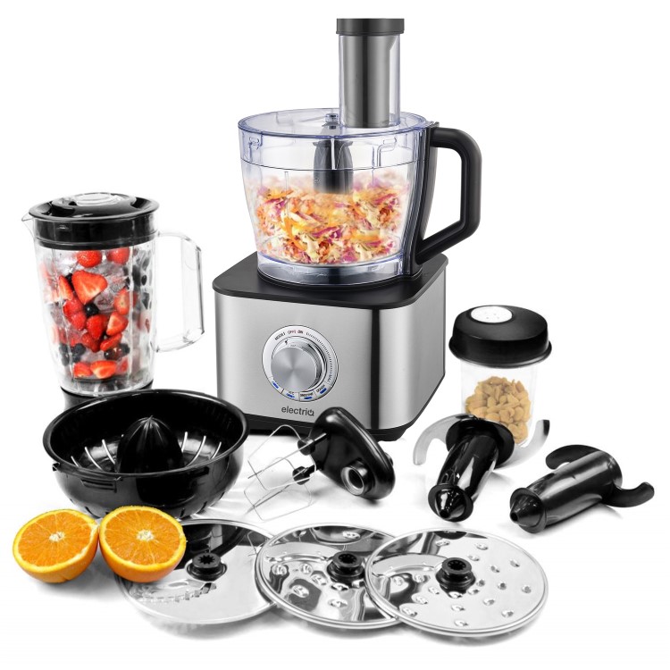 Refurbished electriQ 10-in-1 1100W Multifunctional Food Processor with Blender in Stainless Steel and Black