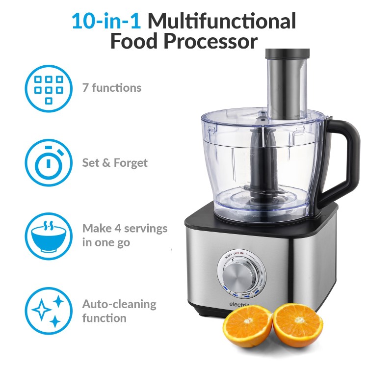 Refurbished electriQ 10-in-1 1100W Multifunctional Food Processor with Blender in Stainless Steel and Black