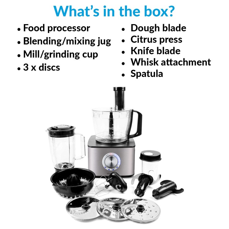 Refurbished electriQ 10-in-1 1100W Multifunctional Food Processor with Blender in Stainless Steel and Black