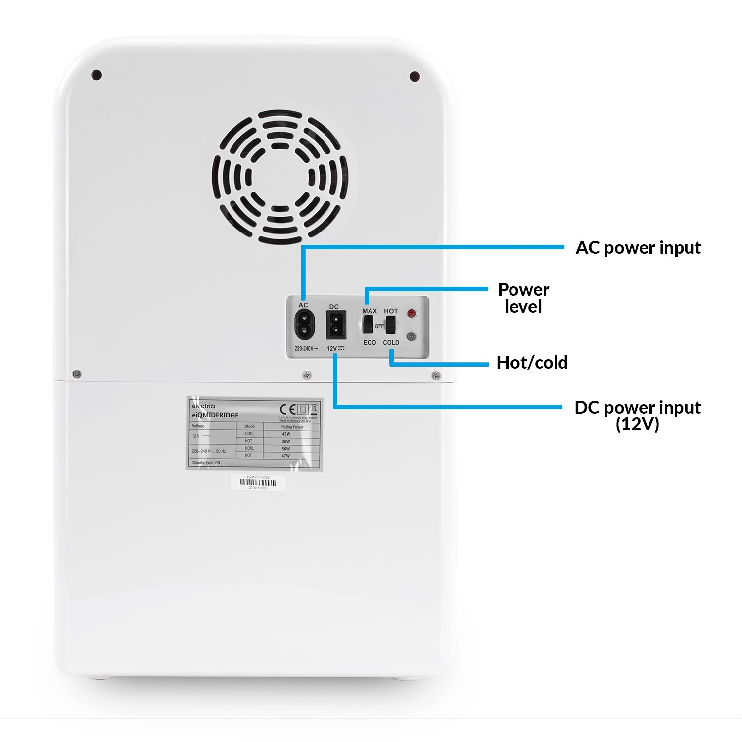 electriQ 15L Hot and Cold Portable Mini Fridge with 12V Car Adapter - White  EIQMIDFRIDGE