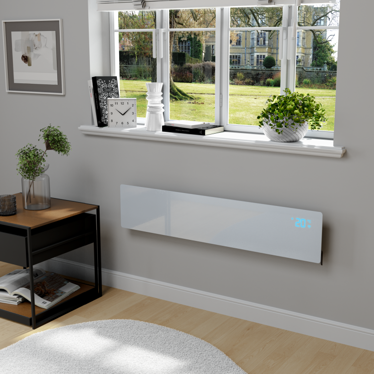 electriQ 750W Smart Designer Slim Glass Panel Heater - Wall Mountable & Bathroom Safe - White