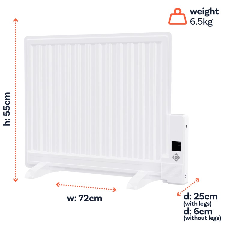 electriQ 600W Slim Wall Mounted Oil Filled Radiator H550xW720mm  Weekly Timer - White