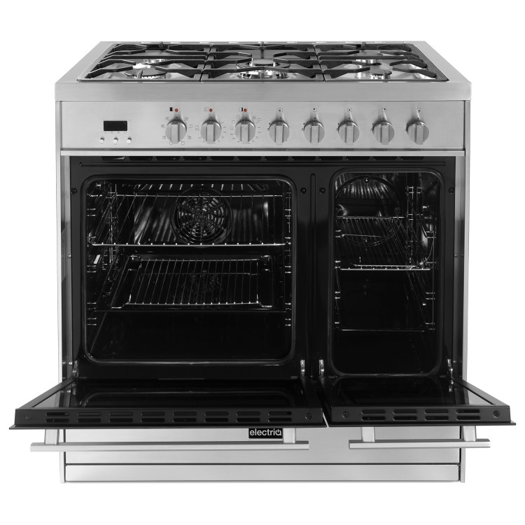 Refurbished electriQ EQ90RANGEMDDF 90cm Dual Fuel Range Cooker Mirror Finish Stainless Steel