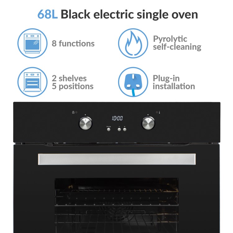 GRADE A3 - electriQ 68L Pyrolytic Self Cleaning Electric Single Oven in Black - Supplied with a plug 