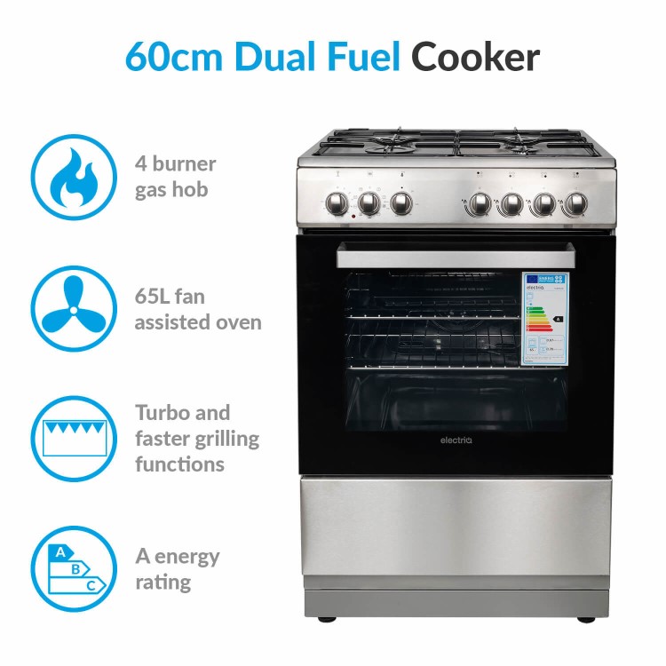 GRADE A2 - electriQ 60cm Single Oven Dual Fuel Cooker - Stainless Steel