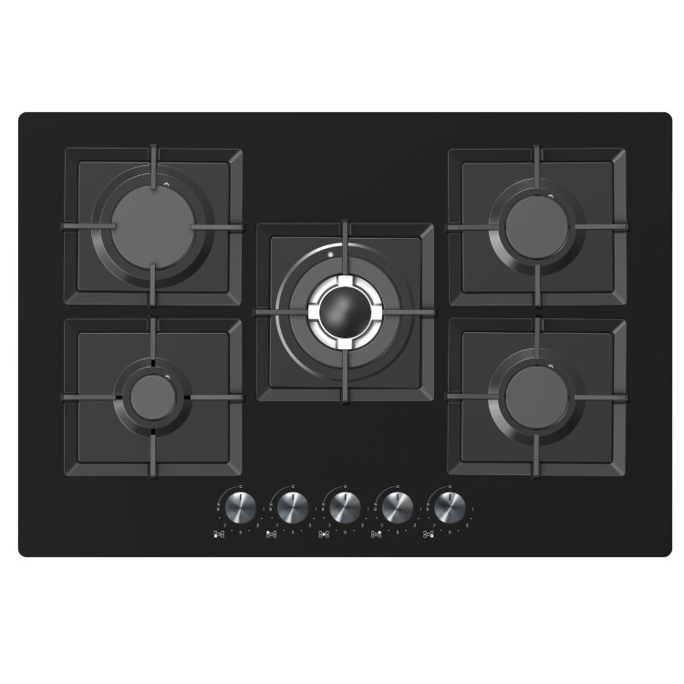 electriQ 75cm Gas on Glass Hob 5 Burner Gas Hob - Black