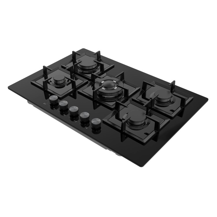 electriQ 75cm Gas on Glass Hob 5 Burner Gas Hob - Black