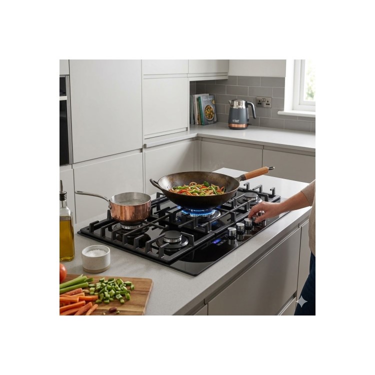 electriQ 90cm 5 Burner Gas on Glass Hob - Black
