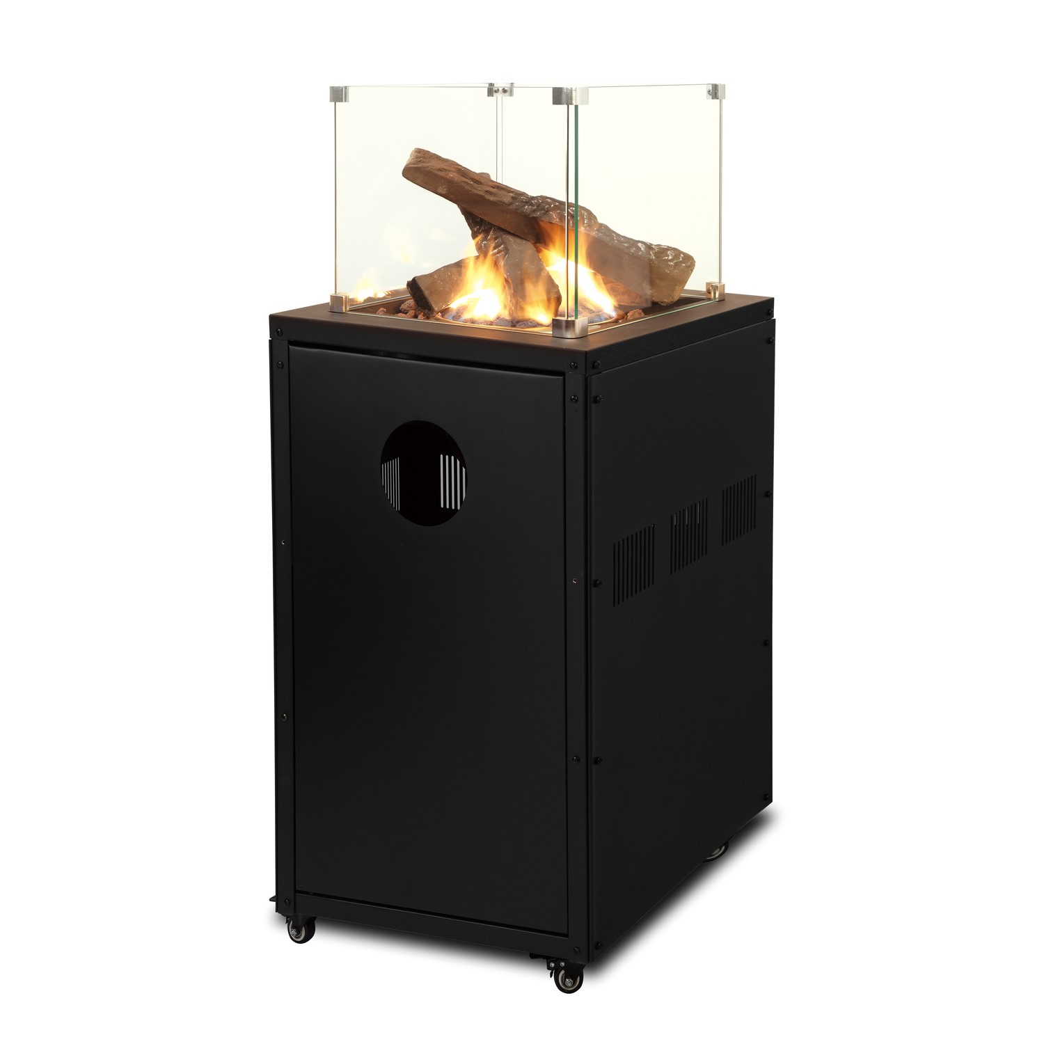 electriQ Glass Flame Gas Patio Heater with Lava Rocks and Logs - Black |  electriQ