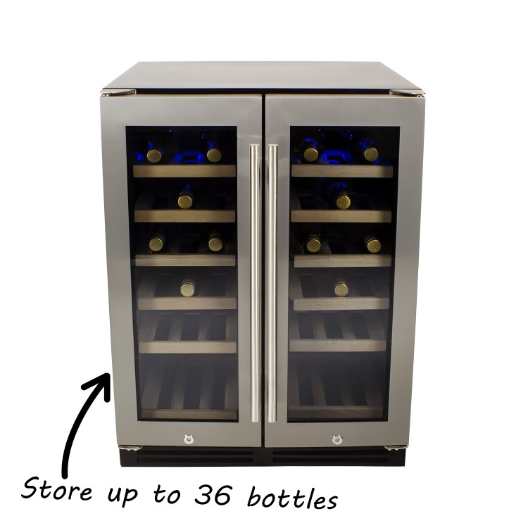 GRADE A3 - electriQ 60cm  36 Bottle Wine Cooler  Dual Temperature Dual Zone Double Door - Stainless Steel