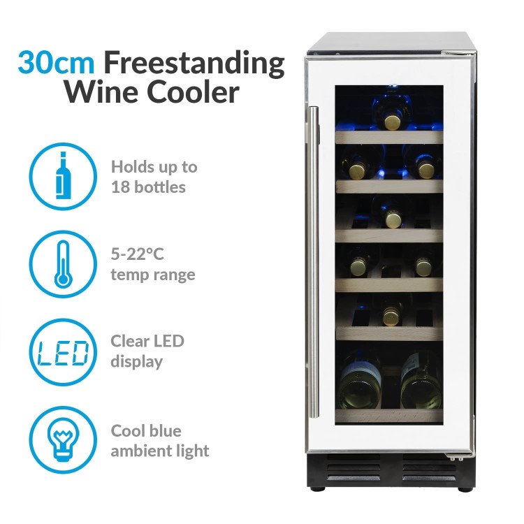GRADE A2 - electriQ 18 Bottle Freestanding Under Counter Wine Cooler Single Zone 30cm Wide 82cm Tall - White