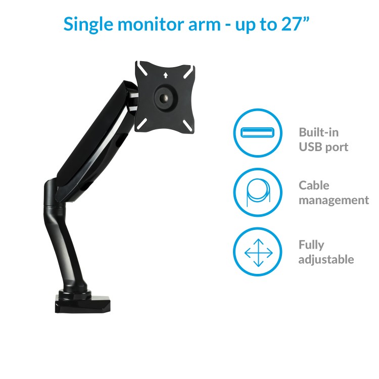 Ex Demo electriQ Single Monitor Arm with USB Ports for monitors upto 27 Inch