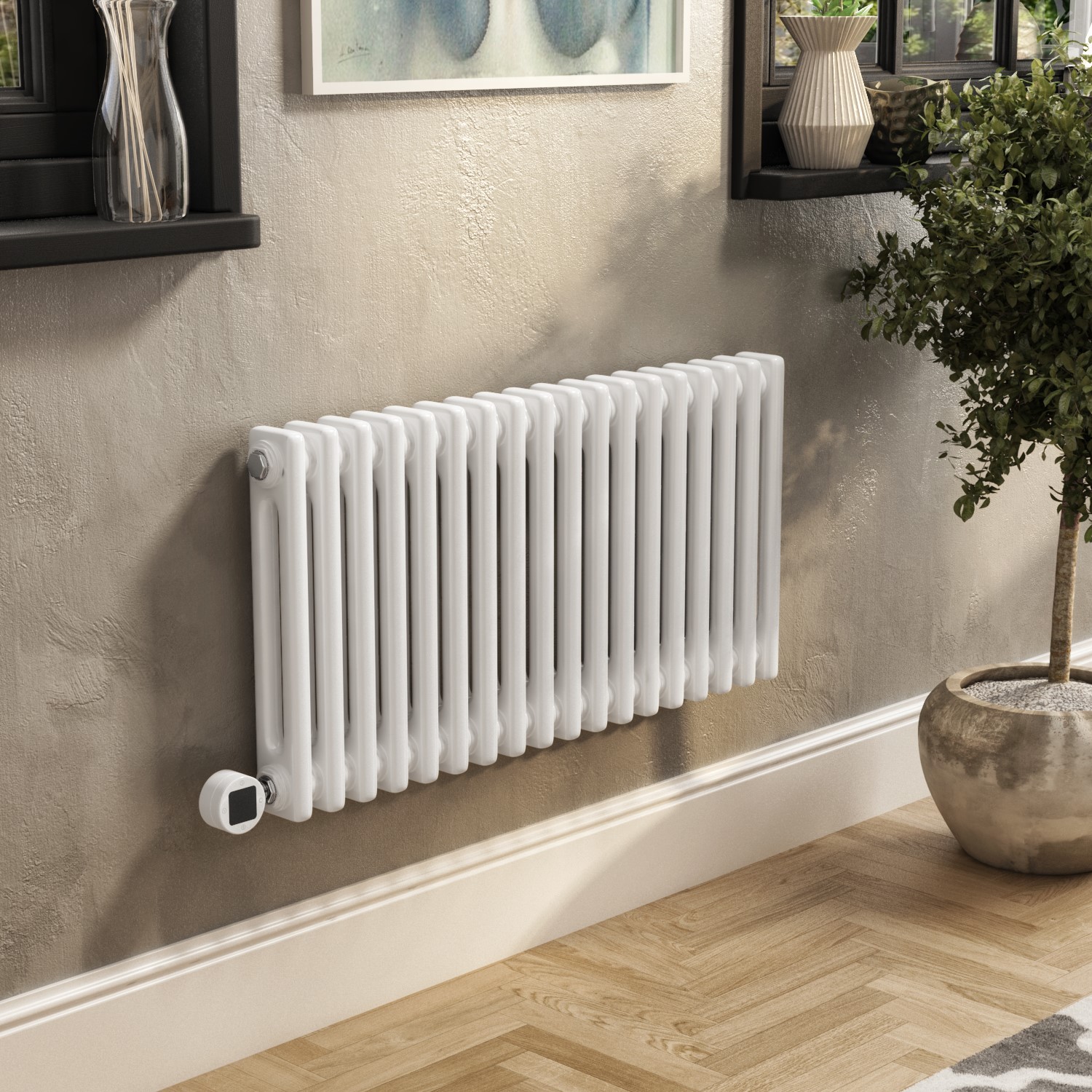 White Electric Horizontal Column Radiator 1.2kW with Wi Fi Thermostat H400xW830mm IPX4 Bathroom Safe electriQ