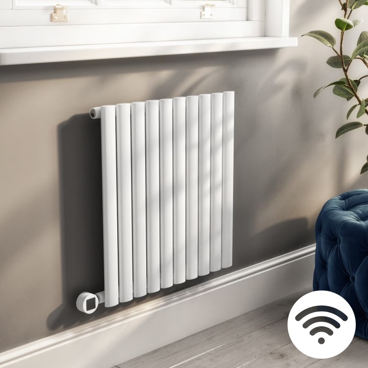 White Horizontal Smart Electric Radiator with Wi-Fi Thermostat - 0.6kW - H600xW590mm - Bathroom Safe