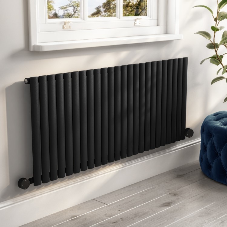 Midnight Black Horizontal Smart Electric Radiator with Wi-Fi Thermostat - 2kW - H600xW1416mm - Bathroom Safe