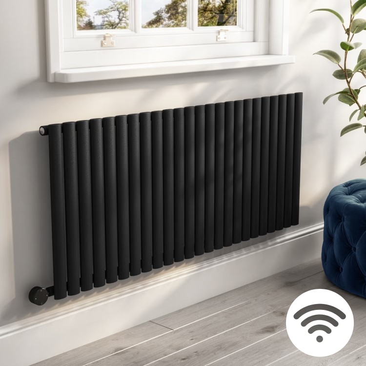 Midnight Black Horizontal Smart Electric Radiator with Wi-Fi Thermostat - 2kW - H600xW1416mm - Bathroom Safe