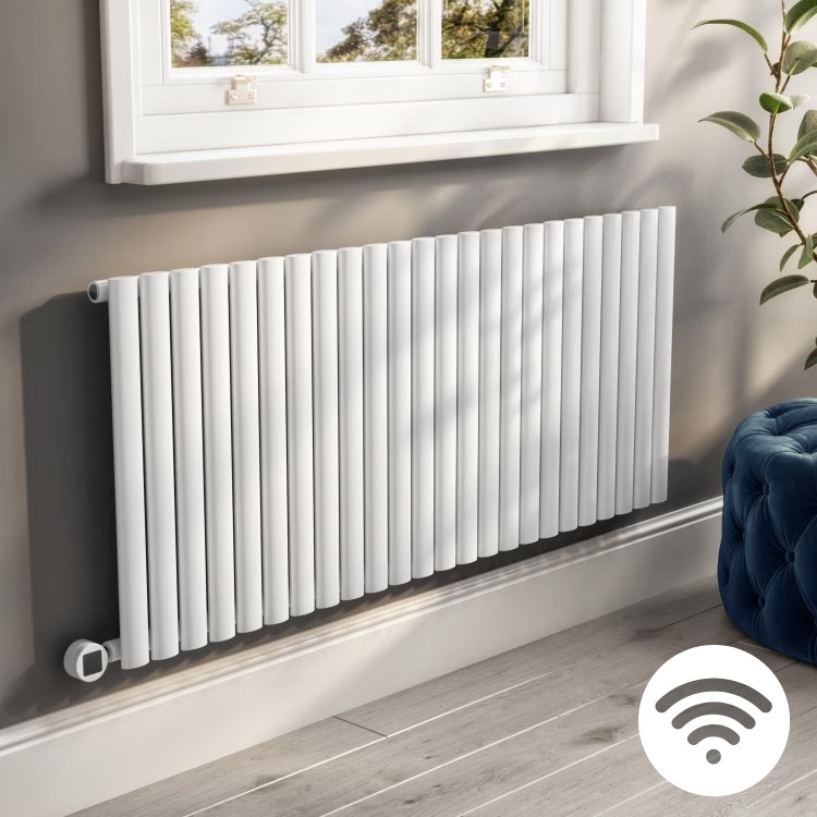 White Horizontal Smart Electric Radiator with Wi-Fi Thermostat - 2kW - H600xW1416mm - Bathroom Safe