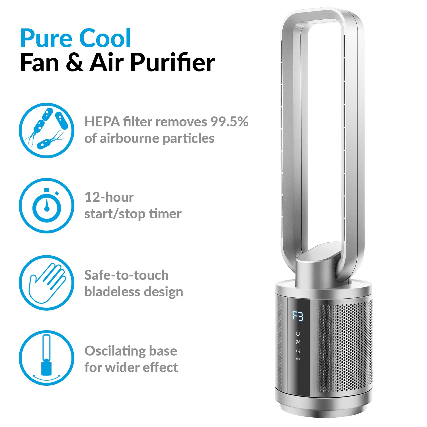 Quiet Dual Hepa Air Purifier And Pure Cool Dc Fan With Remote Control For Rooms Up To 35 Sqm Silver Electriq Quiet Dual Hepa Air Purifier And Pure Cool Dc Fan With Remote Control For Rooms Up To 35 Sqm Silver Electriq