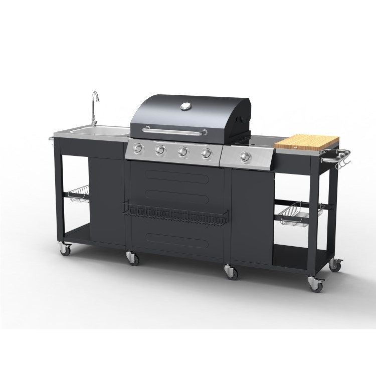 Refurbished Boss Grill Texas Outdoor Kitchen - 4 Burner Gas BBQ Grill with Side Burner - Black