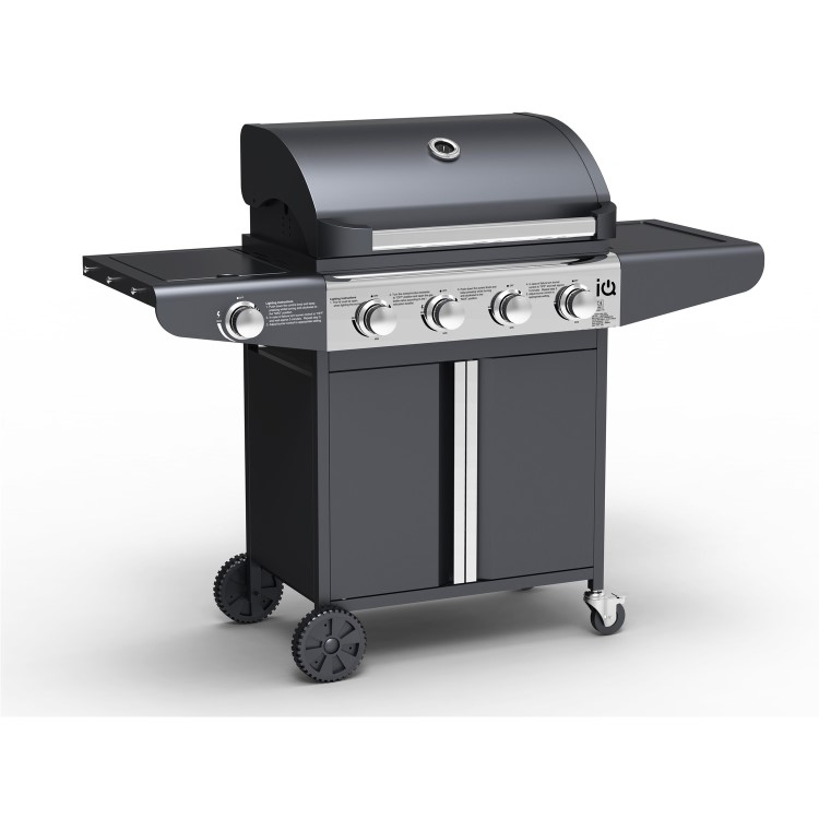 GRADE A2 - The Kentucky Premium 4 Burner Black Gas BBQ - Includes BBQ Cover and Utensils Set