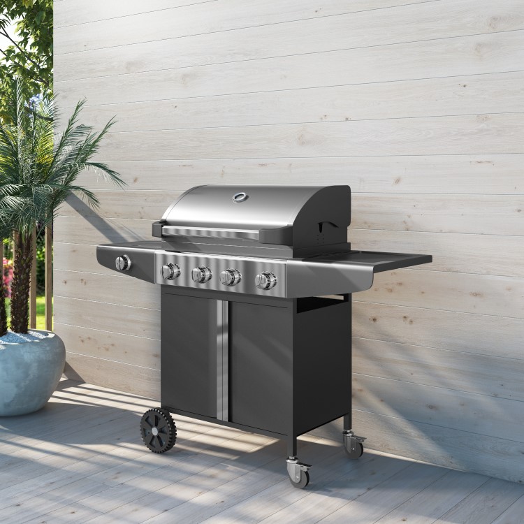 GRADE A2 - The Kentucky Premium 4 Burner Black Gas BBQ - Includes BBQ Cover and Utensils Set