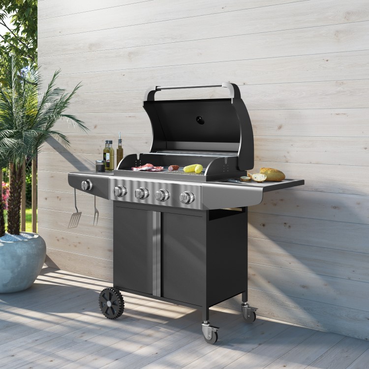 GRADE A2 - The Kentucky Premium 4 Burner Black Gas BBQ - Includes BBQ Cover and Utensils Set