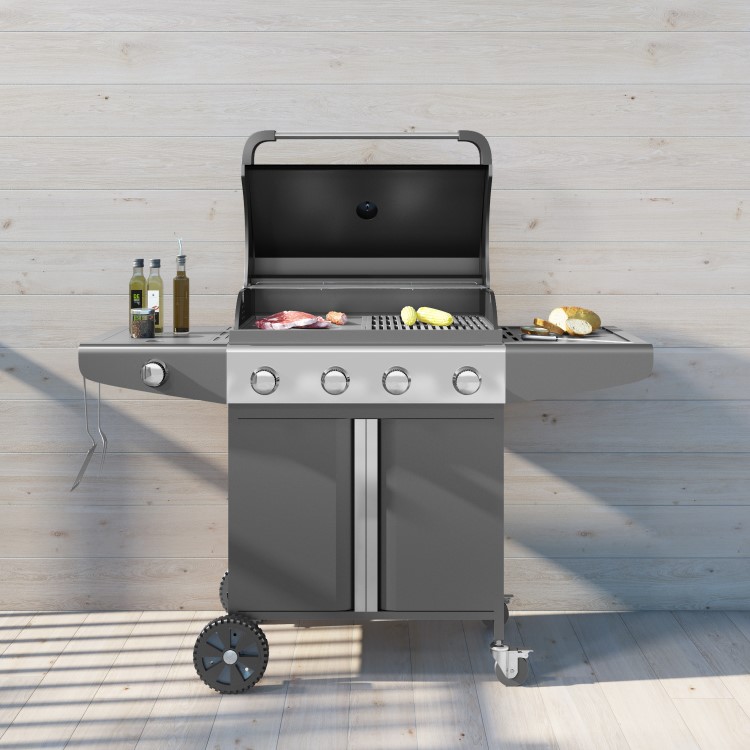 GRADE A2 - The Kentucky Premium 4 Burner Black Gas BBQ - Includes BBQ Cover and Utensils Set