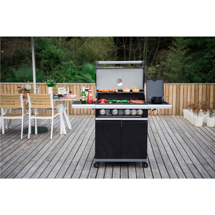 GRADE A3 - The Alabama Elite 4 Burner Black Gas BBQ - Includes BBQ Cover