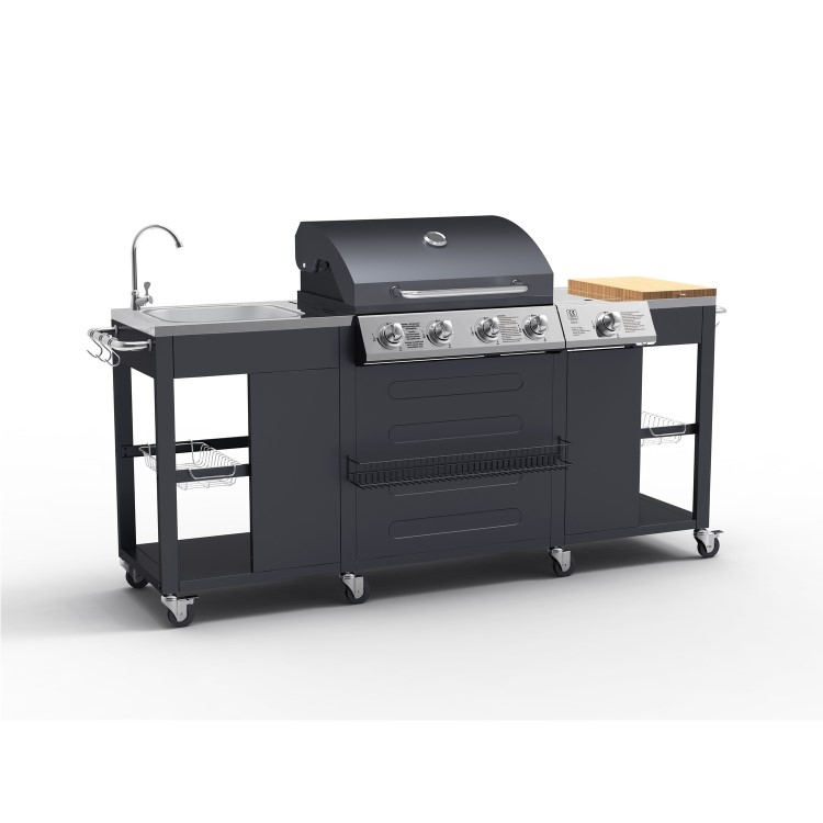 Refurbished Boss Grill Texas Outdoor Kitchen - 4 Burner Gas BBQ Grill with Side Burner - Black