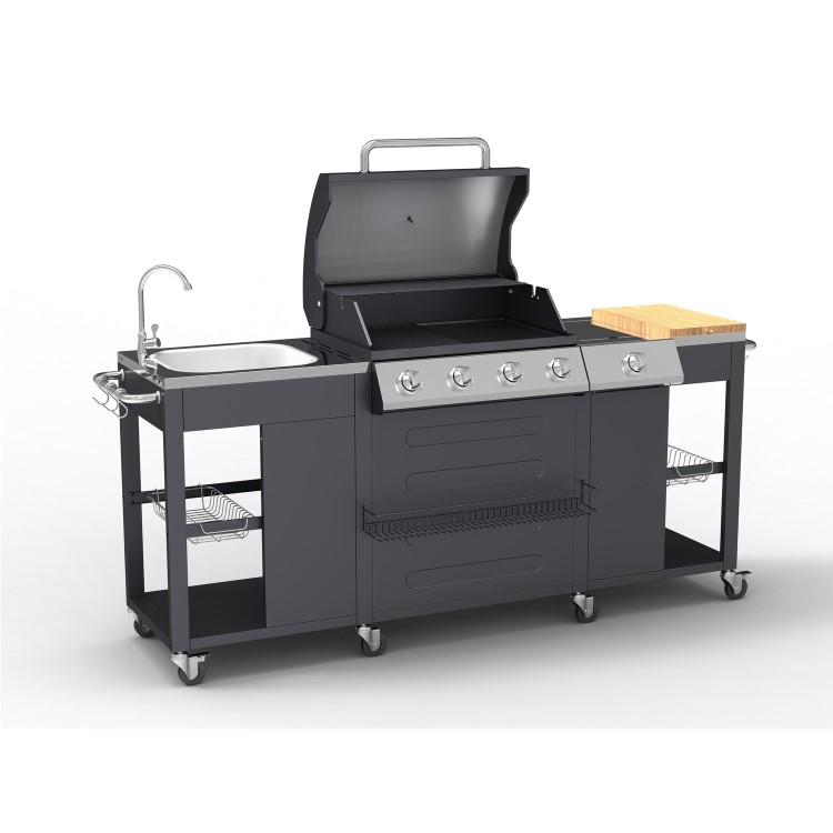 Refurbished Boss Grill Texas Outdoor Kitchen - 4 Burner Gas BBQ Grill with Side Burner - Black