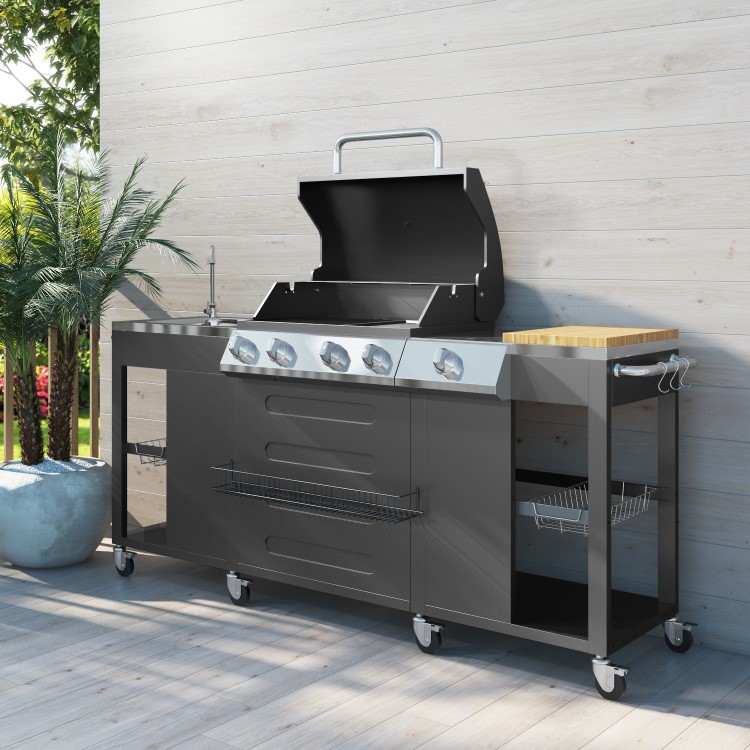 Refurbished Boss Grill Texas Outdoor Kitchen - 4 Burner Gas BBQ Grill with Side Burner - Black