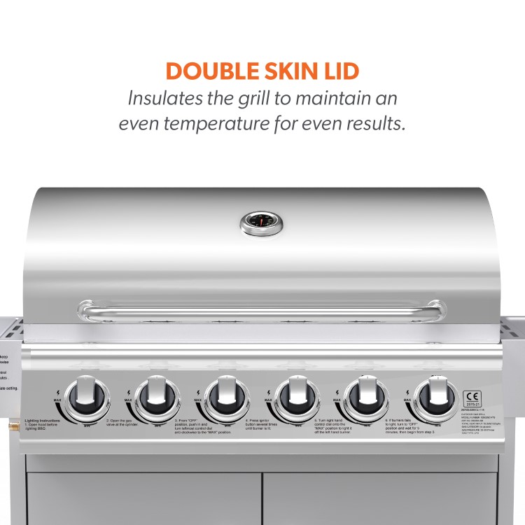 GRADE A3 - The Georgia Classic - 6 Burner Gas BBQ with Side Burner in Silver.