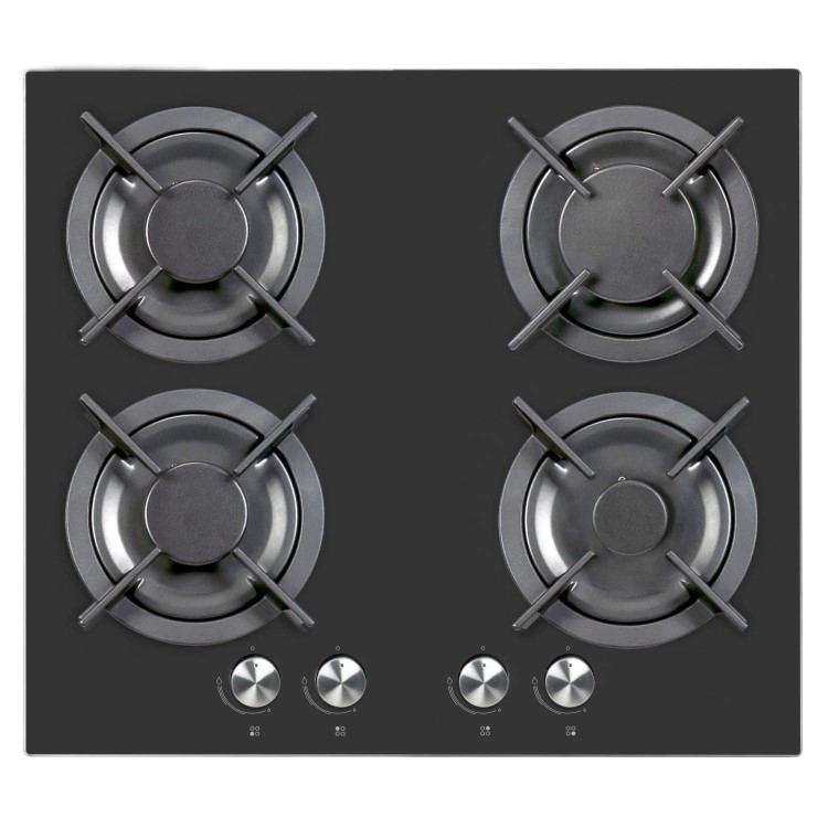 electriQ 60cm 4 Burner Gas On Glass Hob - Mirrored Black Glass 