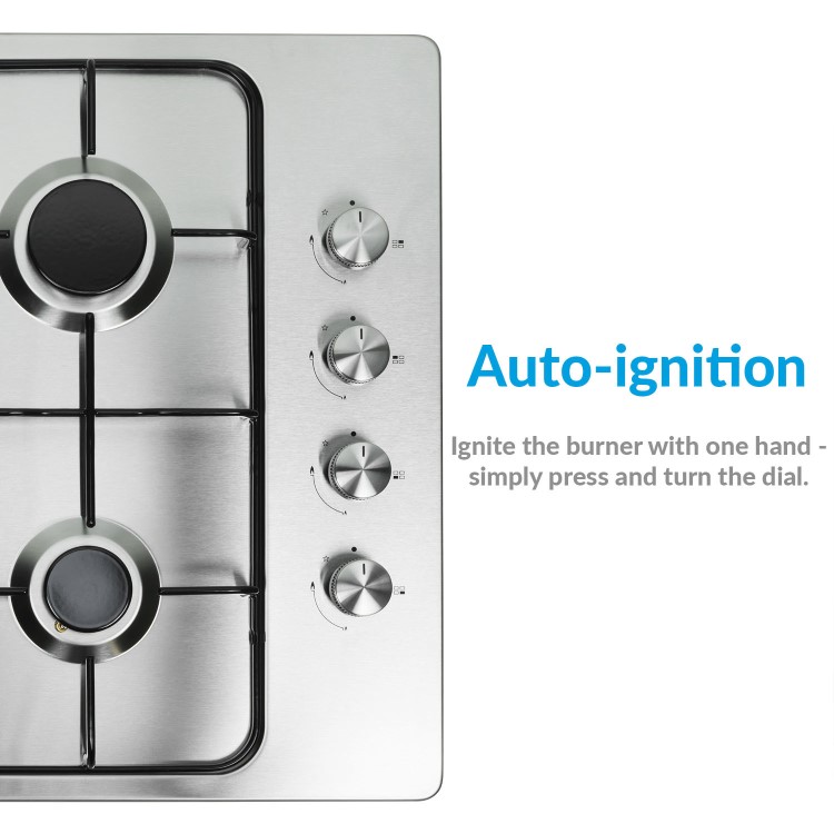 GRADE A2 - electriQ 60cm Stainless Steel 4 Burner Gas Hob