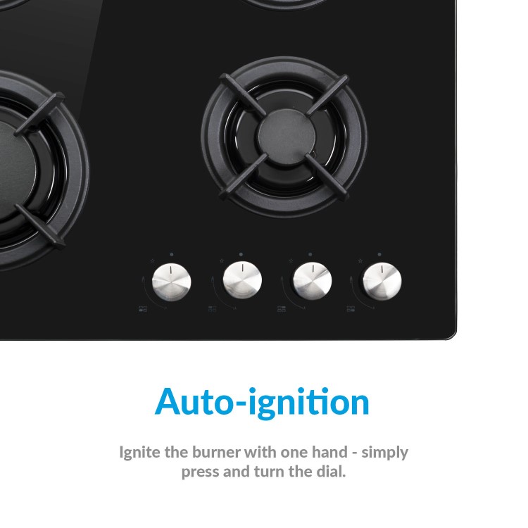 GRADE A1 - electriQ 60cm Black Glass on Gas Hob 4 Burner Gas Hob