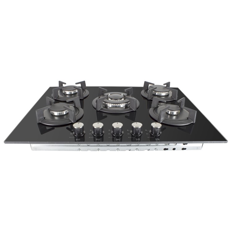 GRADE A1 - electriQ 70cm Black Glass on Gas 5 Burner Hob