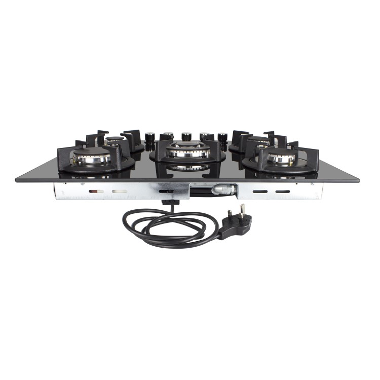 GRADE A1 - electriQ 70cm Black Glass on Gas 5 Burner Hob